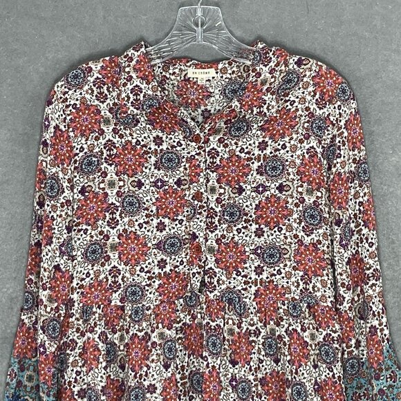 En Creme Dress Women Sz M Floral Colorful Patchwork Tiered Button Up Flowy Boho - Picture 4 of 13